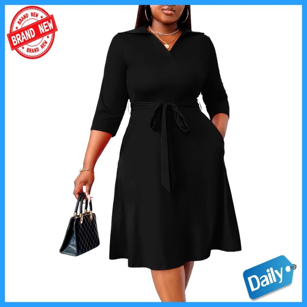 Plus Size Midi Dress 3/4 Sleeve V Neck Elegant Cocktail Party Wear with Pockets